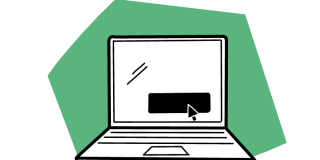 Illustration eines aufgeklappten Laptops mit sichtbarem Mauszeiger auf dem Desktop