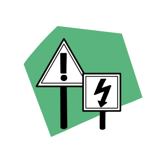 Illustration von einem dreieckigen Straßenschild mit einem Ausrufezeichen und einem quadratischen Schild mit einem nach unten zeigenden Blitz. 