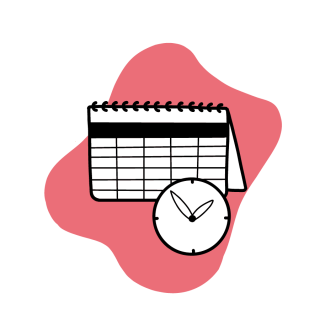 Illustration eines Tischkalenders mit vielen freien Feldern sowie Grafik einer Uhr 